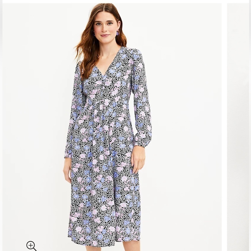 NWT Ann Taylor LOFT Dress Floral Midi Ruched Long Sleeve Puff Shoulder